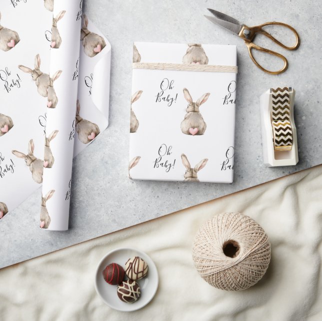 Cute Bunny Rabbit Pink Heart Tail Baby Shower Presentpapper (Hantverk)