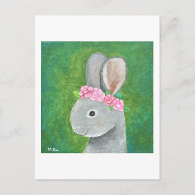 Cute Bunny Rabbit Postcard Bunny Flower Krona Card Vykort (Framsida)
