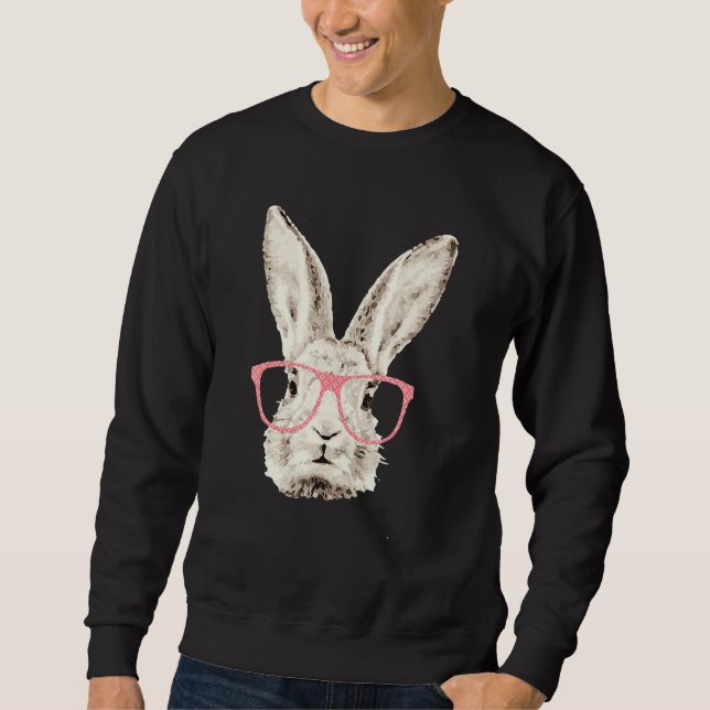 Cute Bunny Rabbit Rosa Glass Hipster Påsk Lång Ärmad Tröja (Framsida)
