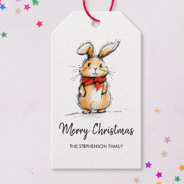 Cute Bunny Rabbit Sketch Merry Christmas Presentetikett