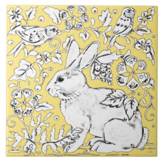 Cute Bunny Rabbit Teckning på Gult, Bird Blommigt Kakelplatta