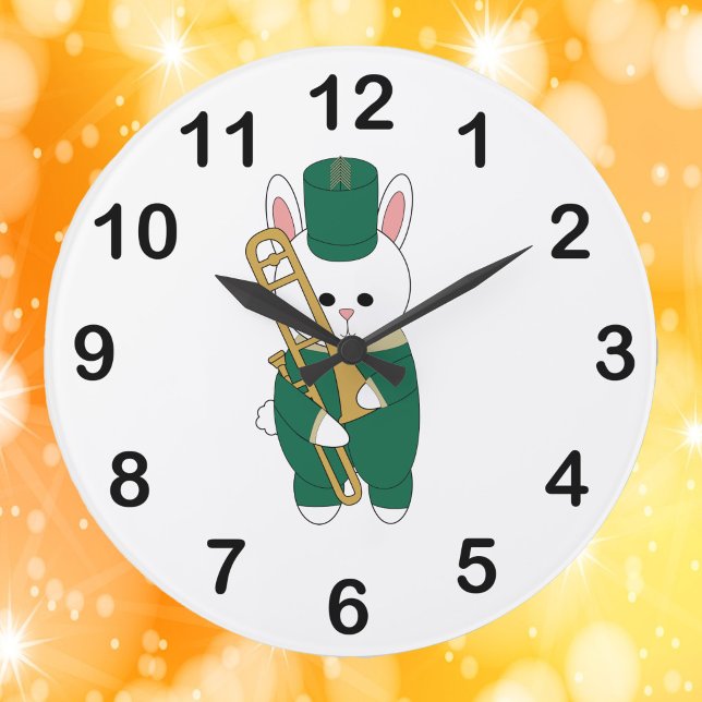 Cute Bunny Rabbit Trombone Green Gold Stor Klocka (A clock with a rabbit holding a trombone dressed in green & gold.)