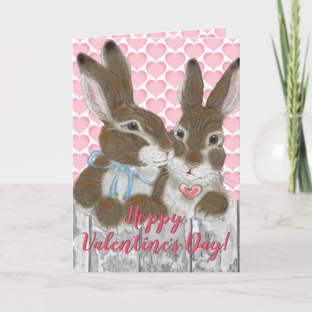 Cute Bunny Rabbit Valentine Rosa Hearts Romantic Helgkort (Framsida)