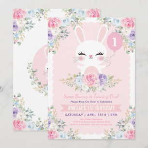 Cute Bunny Rabbit Vår blommor 1:a födelsedag Inbjudningar