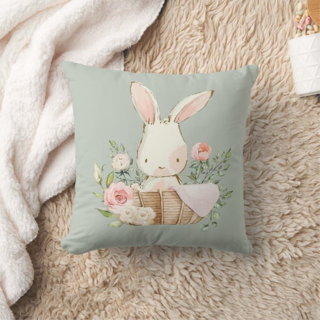 Cute Bunny Rabbit Watercolor Sage Grönt Nursery Kudde (Filt)