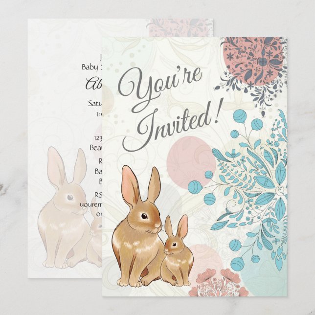 Cute Bunny Rabbits and Flowers Vår Baby Shower Inbjudningar (Fram/baksida)