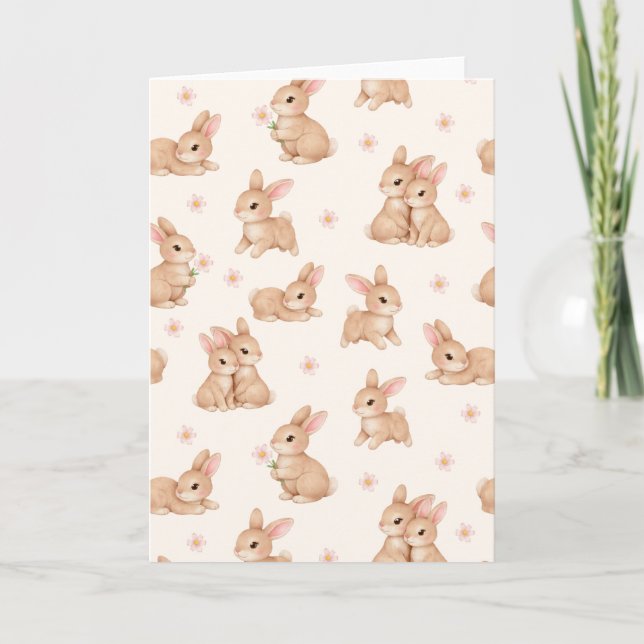 Cute Bunny Rabbits Pink Floral Pattern Easter Helgkort (Framsida)