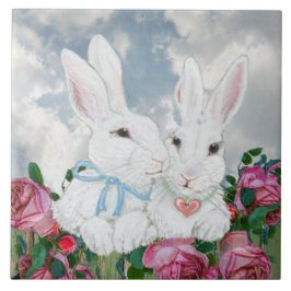 Cute Bunny Rabbits & Rosa ros Romantic Roligt Kakelplatta