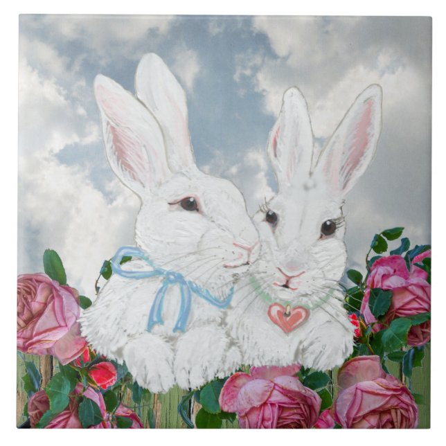 Cute Bunny Rabbits & Rosa ros Romantic Roligt Kakelplatta (Framsidan)