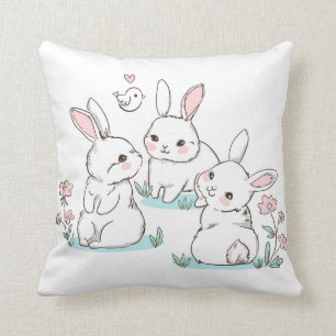 Cute Bunny Rabbits Rosa Vår blommor Påsk Kudde
