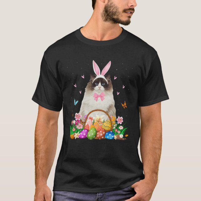 Cute Bunny Ragdoll Cat & Easter Egg Basket Easter  T Shirt (Framsida)