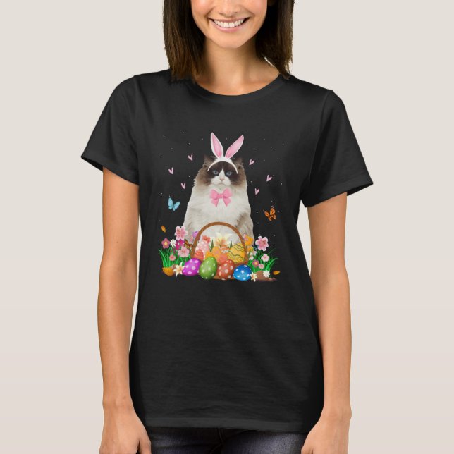Cute Bunny Ragdoll Cat & Easter Egg Basket Easter  T Shirt (Framsida)