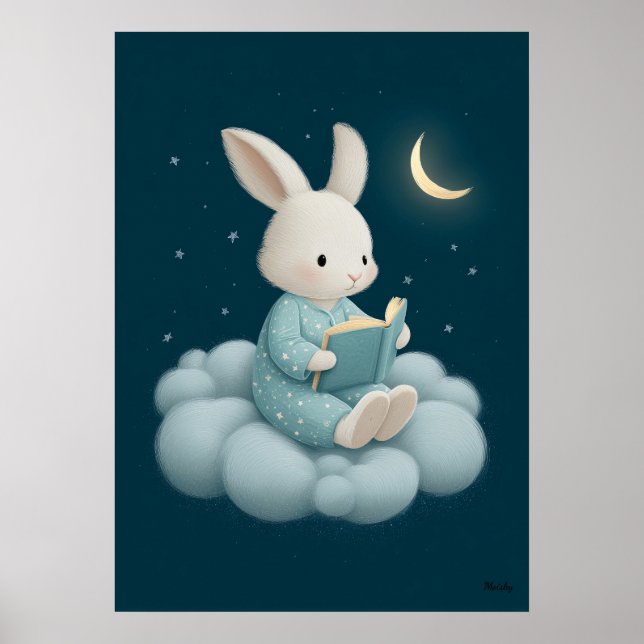 Cute Bunny Reading on Cloud Nursery Bedtime Poster (Framsidan)