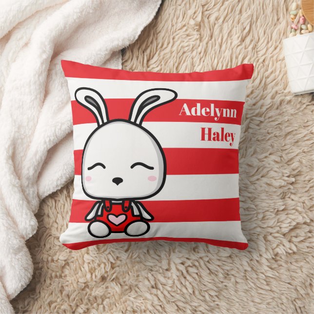 Cute Bunny Red Striped Birth Stats Throw Pillow Kudde (Filt)