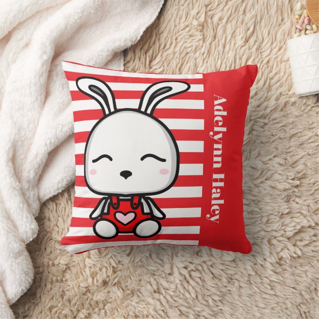 Cute Bunny Red Striped Throw Pillow Kudde (Filt)