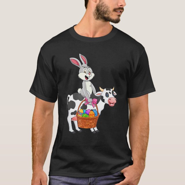 Cute Bunny Riding Cow Glad påsk Cow 1 T Shirt (Framsida)