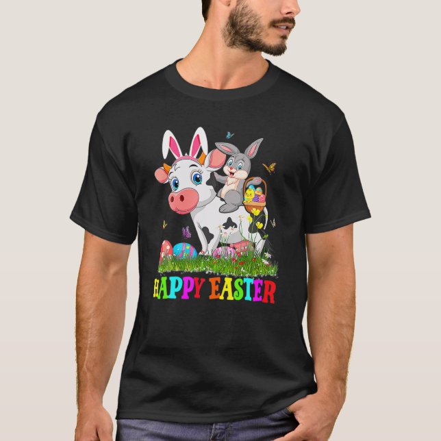 Cute Bunny Riding Cow Påskägg Cute Rabbit Easte T Shirt (Framsida)