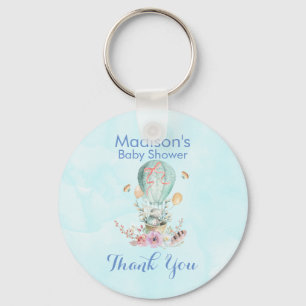 Cute Bunny Riding i en Luftballong Baby Shower Nyckelring