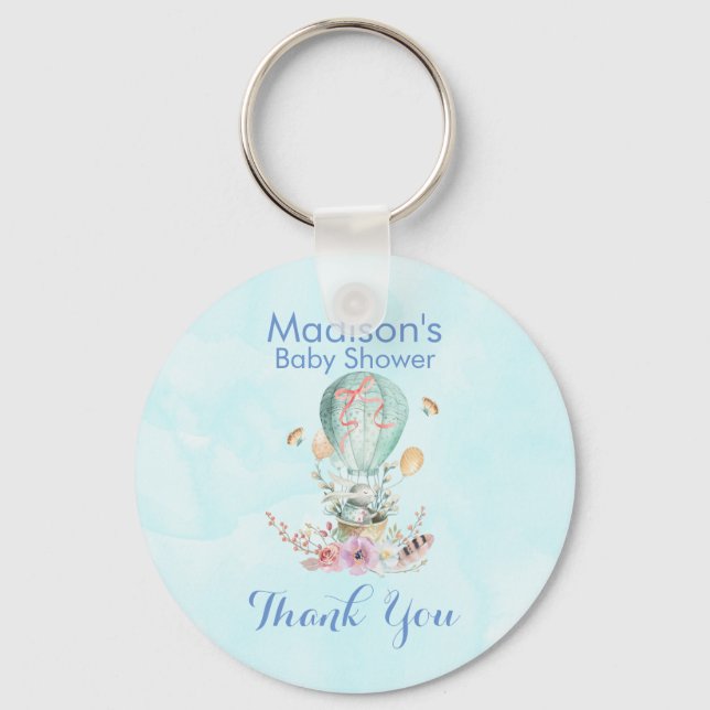 Cute Bunny Riding i en Luftballong Baby Shower Nyckelring (Framsida)