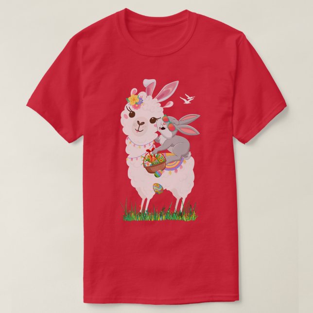 Cute Bunny Riding Llama Holding Egg Basket Happy E T Shirt (Design framsida)