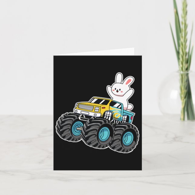 Cute Bunny Riding Monster Lastbil Påsk Day Kids Gi Kort (Framsida)