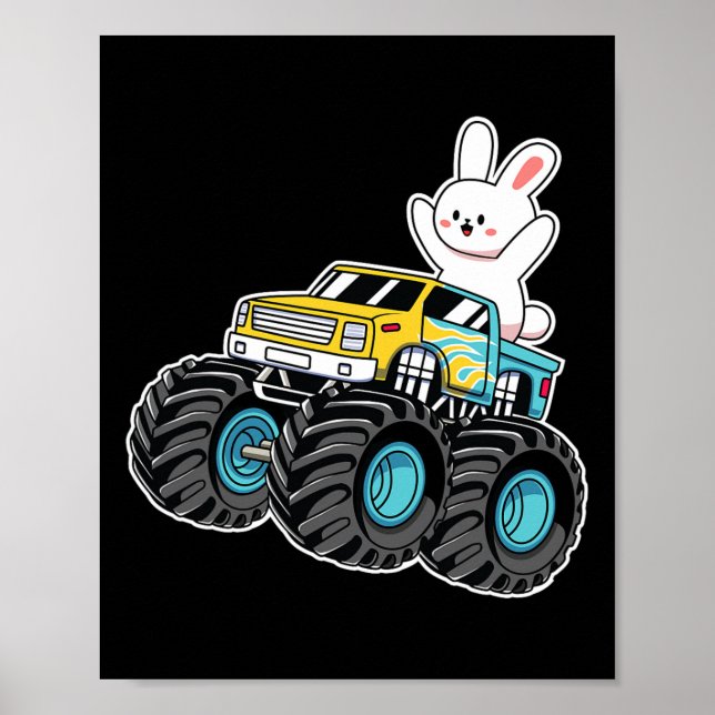 Cute Bunny Riding Monster Lastbil Påsk Day Kids Gi Poster (Framsidan)