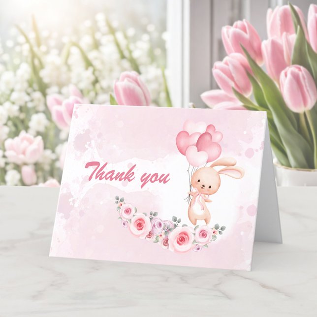 Cute Bunny Rosa 1:a födelsedag Blommigt Vår Tack Kort (Cute Bunny Pink 1st Birthday Girl Floral Spring Thank You Card)