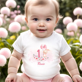Cute Bunny Rosa 1:a födelsedag Namn Blommigt Vår T Shirt