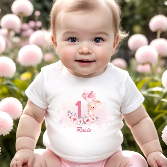 Cute Bunny Rosa 1:a födelsedag Namn Blommigt Vår T Shirt (Cute Bunny Pink 1st Birthday Girl Floral Spring Baby T-Shirt)