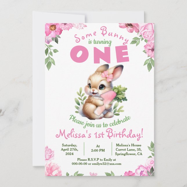 Cute Bunny Rosa 1:a födelsedagsinbjudan till Blomm Inbjudningar (Framsida)
