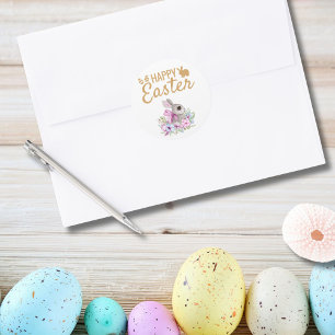 Cute Bunny Rosa Blommigt Guld Glitter Glad påsk Runt Klistermärke