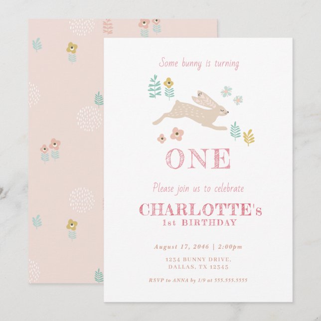 Cute Bunny Rosa Blommigt Kid Girl's First Birthday Inbjudningar (Fram/baksida)
