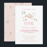 Cute Bunny Rosa Blommigt Kid Girl's First Birthday Inbjudningar<br><div class="desc">Storlek: 5 tum x 7 tum</div>