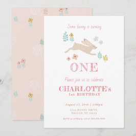 Cute Bunny Rosa Blommigt Kid Girl's First Birthday Inbjudningar