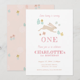 Cute Bunny Rosa Blommigt Kid Girl's First Birthday Inbjudningar