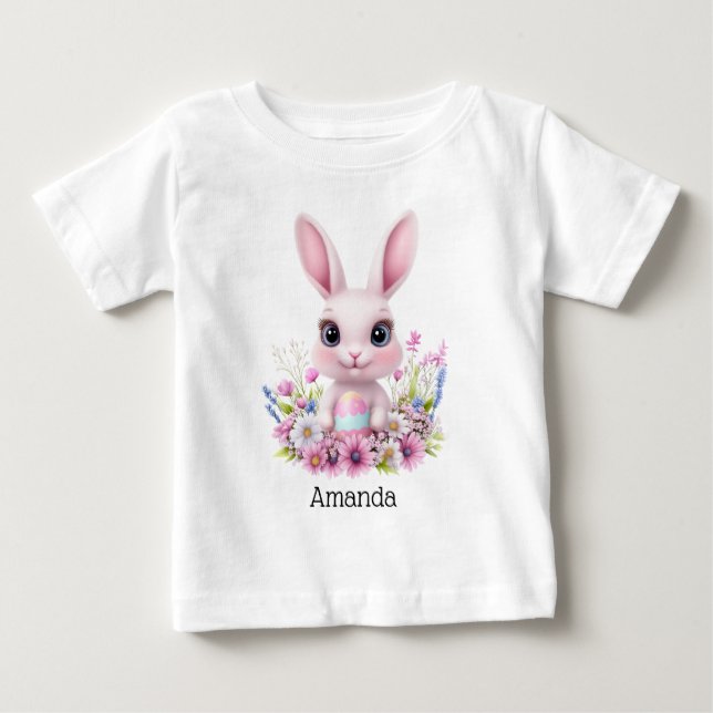 Cute Bunny Rosa Flowers med Påskägg T Shirt (Framsida)