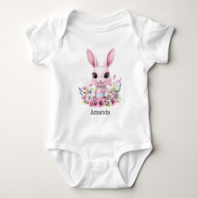 Cute Bunny Rosa Flowers med Påskägg T Shirt (Framsida)