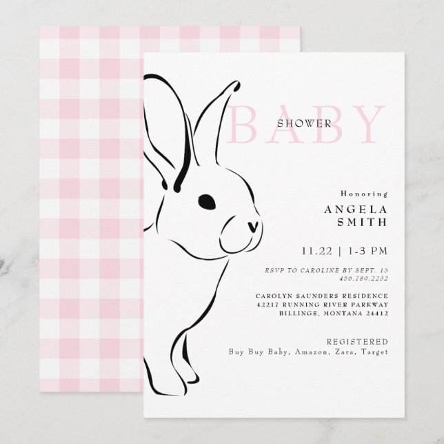 Cute Bunny Rosa Gingham Flicka Shower II Inbjudningar (Fram/baksida)