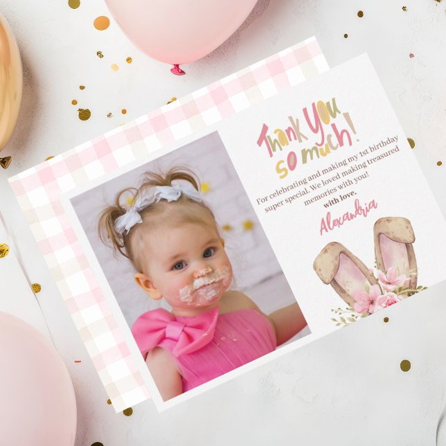 Cute Bunny Rosa Girl Girl Tack Birthday (Cute Bunny Ears Pink Thank You Card. Personalize Photo message and your name.)