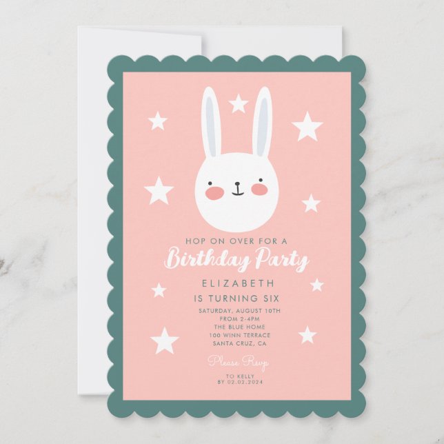 Cute Bunny Rosa Grönt Lila Stars Birthday Inbjudningar (Framsida)