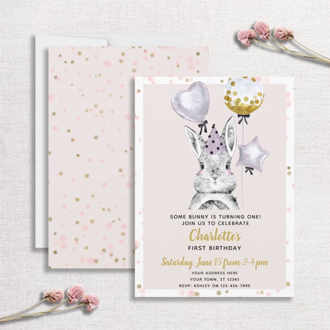 Cute Bunny  Rosa Guld Confetti Girl Birthday Inbjudningar (Skapare uppladdad)