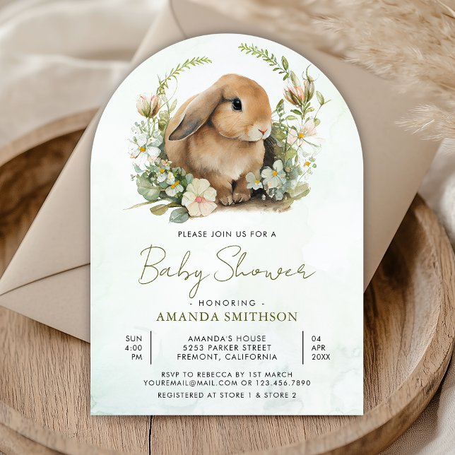 Cute Bunny Sage Grönt Blommigt Arch Baby Shower Inbjudningar (Skapare uppladdad)