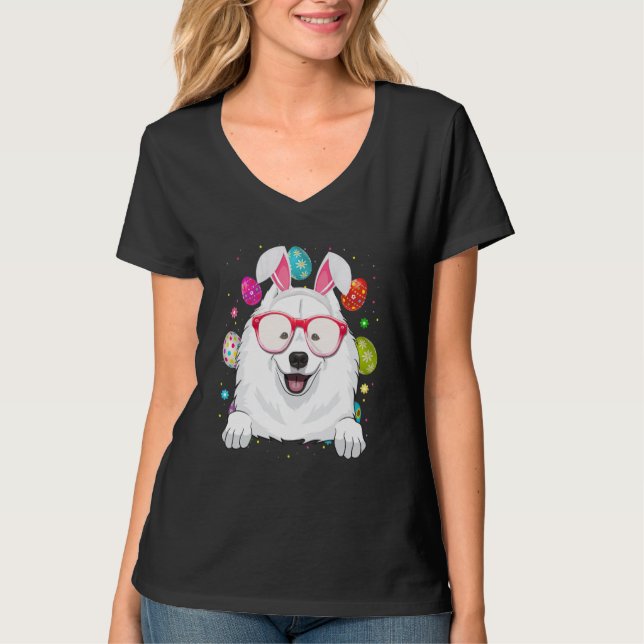 Cute Bunny Samoyed Dog Face Easter Eggs Easter Day T Shirt (Framsida)