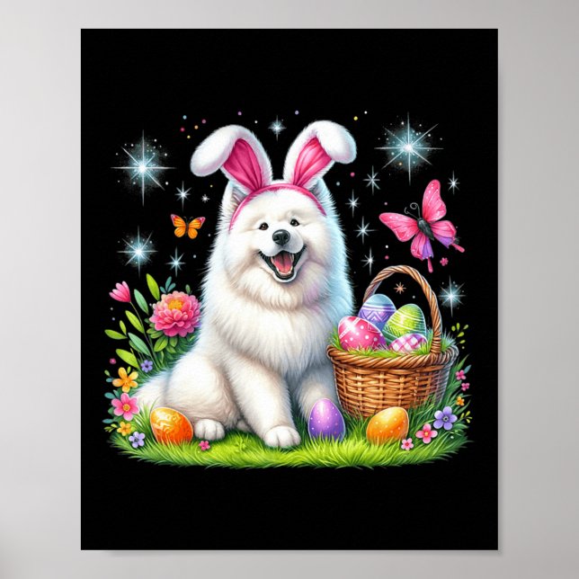 Cute Bunny Samoyed Hund Påskägg Basket Påsk D Poster (Framsidan)