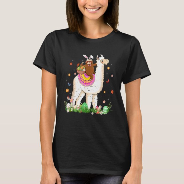 Cute Bunny Sloth Riding Llama Eggs Basket Lycklig  T Shirt (Framsida)