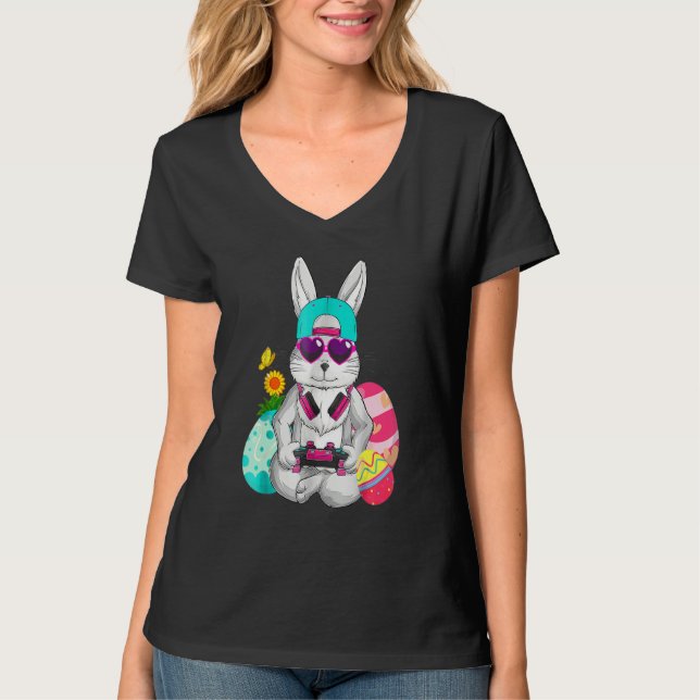 Cute Bunny spelar videospel Spelare Glad påsk D T Shirt (Framsida)