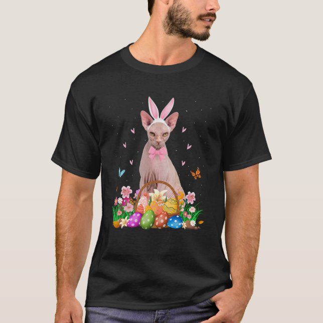 Cute Bunny Sphynx Cat & Påskägg Basket Påsk D T Shirt (Framsida)