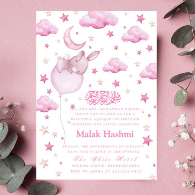 Cute Bunny & Star Flicka Islamic Aqiqa Aqeeqa Inbjudningar (Skapare uppladdad)