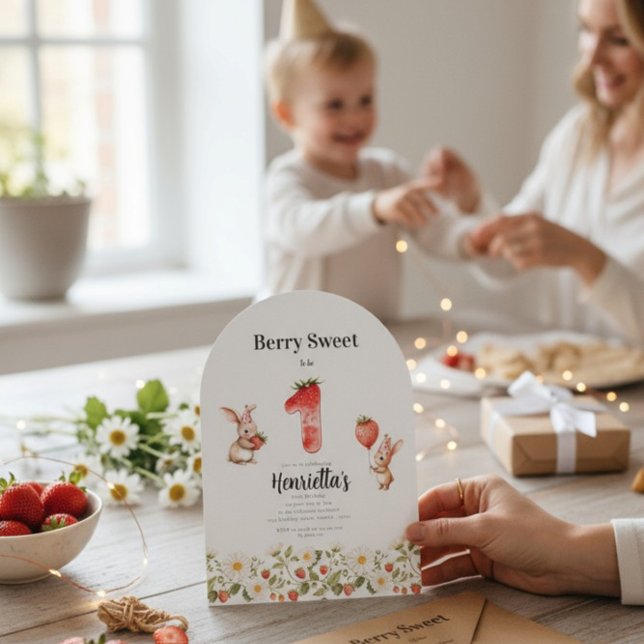 Cute Bunny Strawberry Theme First Birthday  Inbjudningar (Skapare uppladdad)