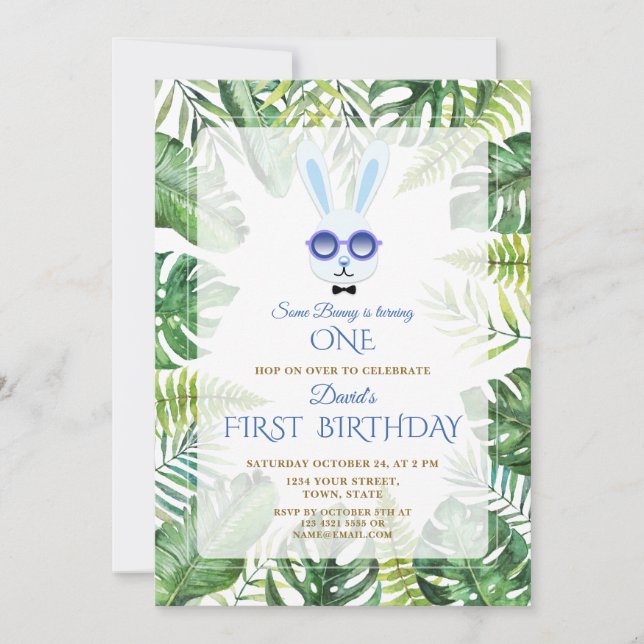 Cute Bunny Tropical Greenery Boy 1st Birthday Inbjudningar (Framsida)